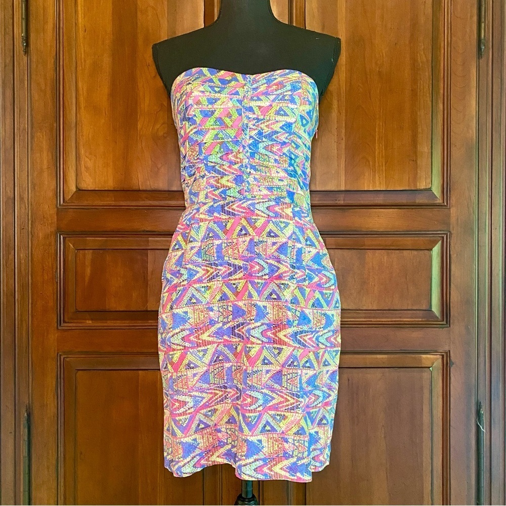 Charlie Jade silk strapless mini dress, size‎ M, blue green pink geometric print